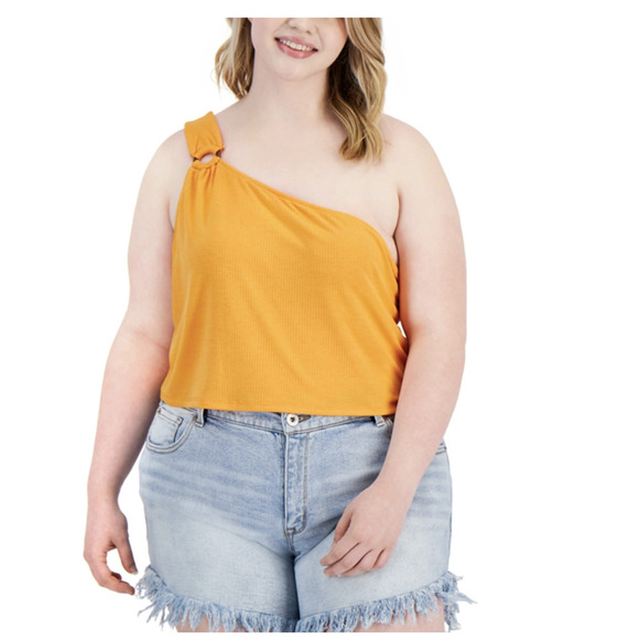 LOVE, FIRE Trendy Plus Size One-Shoulder O-Ring Crop Ribbed Tank Orange NWT - Picture 4 of 5
